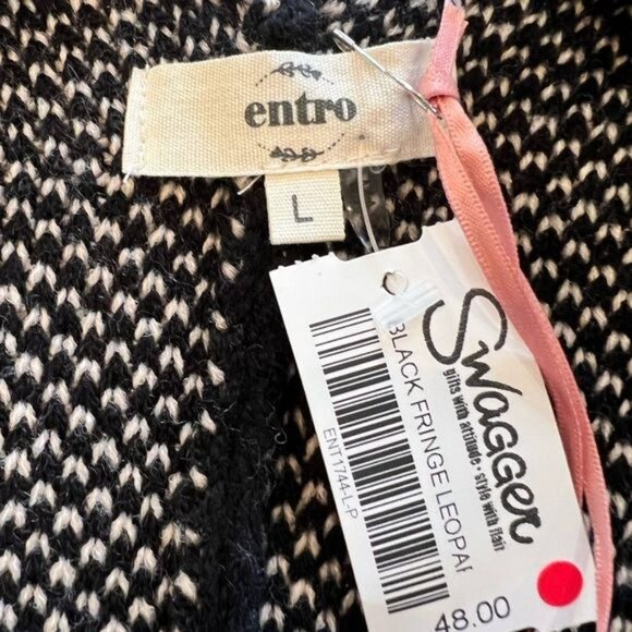 Entro Black Fringed Open Front Wrap w/ Animal Print and Arm Holes Size Large - Picture 10 of 11